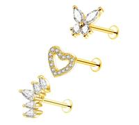 Besyvvin 3pcs Flat Back Helix Tragus Bars Lip Labret Studs Stainless Steel 8mm Cartilage Earring Piercing Flower Butterfly Jewellery Gold
