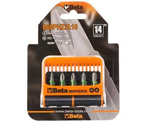 Beta 8600910 Model 860 PHZ/A10 Set of 10 Phillips and Pozi Bits with Magnetic Bit Holder In Plastic Case, 1/4 Hex