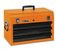 BETA C22E Portable Tin Tool Box with 3 Drawers of 435 x 210 x 50 mm, Mounted on Telescopic Ball-Shaped Rails, Weight 20 kg, Black/Orange