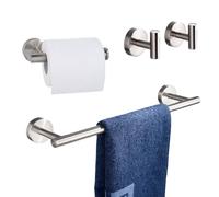 Betadistor Toilet Roll Holder Set, 4 Pieces Wall Mounted Bathroom Accessory 16 inch Toilet Paper Holder + Stainless Steel Towel Rail +2 Coat Hooks, Modern Bathroom Hardware Polished, Silver, 110403
