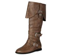 Betastella Womens Pirate Costume Boots Medieval Renaissance Knee High Flat Boots Buckle Vintage Halloween Cosplay Shoes, Brown, 6 UK