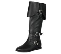 Betastella Womens Pirate Costume Boots Medieval Renaissance Knee High Flat Boots Buckle Vintage Halloween Cosplay Shoes, Black, 9.5 UK