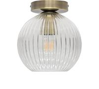 firstchoicelighting Ribbed Glass Globe Ceiling Light Flush Fitting with Antique Brass Detail, Modern Low Ceiling Lighting