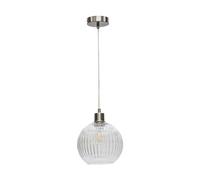 firstchoicelighting Ribbed Glass Globe Ceiling Light Pendant with Satin Nickel and Clear Cable, Height Adjustable 23-130cm, Kitchen Island Dining Lighting