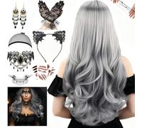 Betensh Halloween Wigs Decoration Halloween Wig Women's Grey, 68 cm Grey Long Wavy Curls, Grey Wig Women, Gothic Necklace Bracelets, for Halloween Party, Role Play