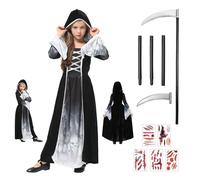 Betensh Skeleton Girl Halloween Dress, Reaper Costume, Realistic Scythe + 5 Bloody Stickers, Halloween Cosplay Costumes for Girls