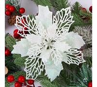 BETESSIN 12pcs Christmas Flowers (16CM) Off White Glitter Flower Christmas Tree Artificial Flowers Hanging Party New Year Xmas Decor