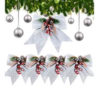 BETESSIN 5 Pcs Large Glitter Xmas Door Bows with Pine Cone Silver Wreaths Sequin Bow Ties for Christmas Tree Decoration