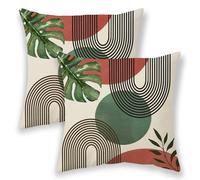 BETGINY Boho Summer Pillow Covers 18x18 Inch 2 Pcs, Berry Red Dark Green and Leaf Outdoor Decorative Throw Pillows, Mid Century Abstract Farmhouse Decor Pillowcase Linen Cushion Cover for Couch Sofa