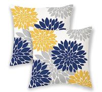 BETGINY Navy Blue Yellow Pillow Covers 18x18 Inch 2 Pcs, Spring Summer Geometric Elegant Dahlia Decorative Throw Pillows, Flower Outdoor Decor Pillowcase Linen Square Cushion Cover Gift for Car Couch