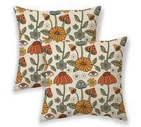 BETGINY Yellow Orange Blue Mushrooms Outdoors Pillow Covers 16x16,Retro Boho Floral Decorative Throw Pillows for Couch,70s Vintage Abstract Plant Linen Decor Cushion Cover 2 Pcs for Bed Car Safa