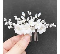 BETITETO White Flower Side Comb for Hair Bridal Wedding Crystal Pearl Leaf Ceramic Floral Hair Accessories for Women Girls