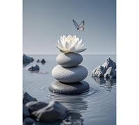 Betkuzoka White Lotus Butterfly Peaceful Stone Zen Diamond Painting DIY Kits Stitch Diamond Art 5D Full Round Drill Crystal Painting Paint by Diamonds for Beginners Meditation Room Decor 12x16 Inch