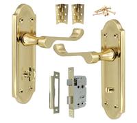 Betley Butterfly Ashford Door Handle Brass, Latch Lock Bathroom Set WC Toilet Door Handles, Bathroom Mortice 3 Lever Lock 3" Hinges 168mm x 47mm Backplate, Interior Wooden Doors (Bathroom Pack)