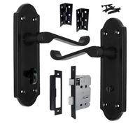Betley Butterfly Ashford Handle Latch Lock Bath Door Handles Matt Black, Pair of 3" Hinges Pack Sets 168mm x 47mm Backplate, Vic Scroll Lever Interior Wooden Doors (Bathroom Pack)