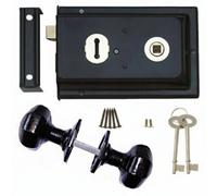 Betley Butterfly Black 6" X 4" Rim Lock And Cast Iron Knob Handle Set Garden Shed Rim Deadbolt