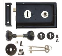 Betley Butterfly Black 6" X 4" Rim Lock And Plastic Knob Set With Key-Operated Deadbolt