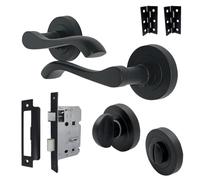 Betley Butterfly Cadenza Door Handle Bathroom Lock Set Modern Design Matt Black Lever on Rose Thumbturn with Hinges, Wooden Interior Doors Home and Office