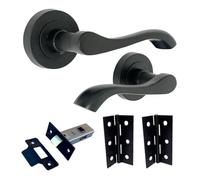 Betley Butterfly Cadenza Door Handle Modern Design Matt Black Lever on Rose Internal with 64mm Tubular Latch & 76mm Butt Hinges for Wooden Doors Home and Office