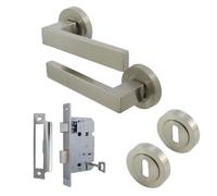 Betley Butterfly Cafri Door Handle, Aluminium, Satin Nickel, Rectangular Lever on Rose with Internal Escutcheon and Mortice Lock, Brushed Finish, for Opening and Closing Compatible Doors