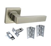 Betley Butterfly Cafri Door Handle Satin Nickel Rectangular Lever On Square Rose Internal Handles + 64mm Latch & Hinges