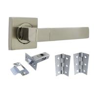 Betley Butterfly Cafri Line Door Handle Aluminium Satin Nickel Rectangular Lever on Square Rose with 64mm Latch and Hinges