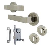 Betley Butterfly Cafri Line Door Handle Lock Key Set Modern Satin Nickel Lever On Rose Internal Escutcheon