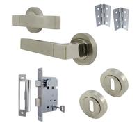 Betley Butterfly Cafri Line Door Handle Lock Key Set Modern Satin Nickel Lever On Rose Internal Escutcheon Pack