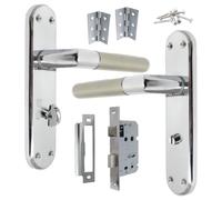 Betley Butterfly Door Handle Aluminium Chrome 180mm Lever Bath Lock Pack with Satin Nickel Finish and 40mm Hinges