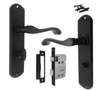 Betley Butterfly Door Handle Matt Black Finish, Eclipse Cadenza 178mm x 38mm Bathroom Lever on Backplate with Lock, Internal Wooden Doors Bath Handles