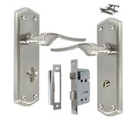 Betley Butterfly Door Handle Satin Stellar Bathroom Handle Shaped Backplate + Bath Lock.