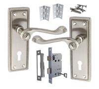Betley Butterfly Georgian Door Handle Satin, Lever Lock Door Handles +3 Lever Lock Set with 1 Pair of 3" Hinges 150mm x 48mm Backplate, Interior Wooden Doors
