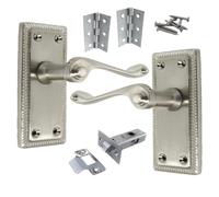 Betley Butterfly Georgian Handle Latch Door Handles Satin, Pair of 3" Hinges & Latches Pack Sets 108mm x 48mm Backplate, Vic Scroll Lever Interior Wooden Doors