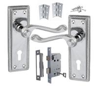 Betley Butterfly Georgian Roped Door Handle Chrome, Lock Door Handles Lever Lock Set Hinges Pack