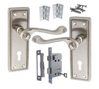 Betley Butterfly Georgian Roped Door Handle Satin Lock Door Handles Lever Lock Set Hinges Pack - 3 Inch