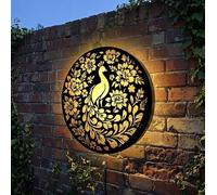 Betley Butterfly Peacock Solar Light Round Metal Wall Panel, Stylish Solar-Powered Outdoor Wall Hanging for Garden, Patio, or Fence, Weatherproof Eco-Friendly Metal Decor, 40cm