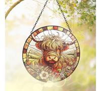 Betley Butterfly Stained Glass Suncatcher Highland Cow Hanging Round Orbit Garden Decoration - 48Cm X 23Cm