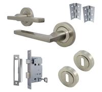 Betley Butterfly Uno Door Handle Lock Key Set Modern Satin Nickel Lever On Rose Escutcheon Pack With 3 Inch Hinges
