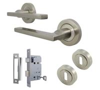 Betley Butterfly UNO Door Handle Set, Aluminium, Satin Nickel, Brushed Finish, Lever on Rose with Escutcheon and Mortice Lock, for Internal Doors