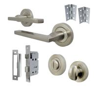 Betley Butterfly UNO Door Handle Set, Aluminium, Satin Nickel, Brushed, Lever on Rose with Thumb Turn, Bathroom Mortice Lock and 3" Hinges