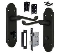 Betley Butterfly Victorian Scroll Epsom Bathroom Locking Door Handle - Bath Lock Pack Hinges Lever on Backplate Matt Black Handles for Internal Wooden Doors