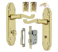 Betley Butterfly Victorian Scroll Epsom Bathroom Locking Door Handle - Bath Lock Pack Hinges Lever on Backplate Polished Brass Handles for Internal Wooden Doors
