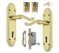 Betley Butterfly Victorian Scroll Locking Door Handle - Epsom Lock Pack Hinges Lever on Backplate Polished Brass Handles for Internal Wooden or Oak Doors