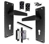 Betley Butterfly Victorian Straight Handle Matt Black Lever Lock Door Handles +3 Lever Lock Set with 1 Pair of 3" Hinges, 154mm x 41mm Backplate