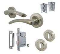 Betley Butterfly Zena Door Handle Lock Key Set Modern Design Satin Nickel Lever On Rose Internal Escutcheon