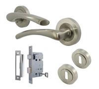 Betley Butterfly Zena Door Handle Lock Key Set Modern Satin Nickel Lever On Rose Internal Escutcheon