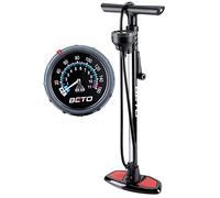 Beto Bike Pump Portable - Bicycle Floor Pump with Industrial Top-Mounted Gauge & Air Bleed Button - Presta Schrader Dunlop Valve Universal, Steel Tube 160 Psi Max (Black/Red)