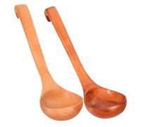 BETOOKY 2pcs Long Handle Wooden Soup Ladle Set with Hook, Curved and Straight Bamboo Utensils for Serving Hot Pot, Stews, and Rice, Portable Kitchen Scoop for Cooking and Random Color