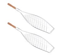 BETOOKY Fish Grill Clip Reduces Sticking and Falling through Grates 2 Pcs with Wooden Handle, Non-stick Iron Barbecue Tool for Outdoor Cooking, for Picnic and Camping
