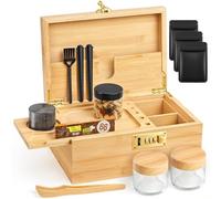 Betoores Large Bamboo Stash Box Set with Combination Lock, Decorative Wooden Storage Box with Removable Rolling Tray, Grinder, 2 Glass Stash Jars, Brush, 2 Conical Tubes and All Accessories